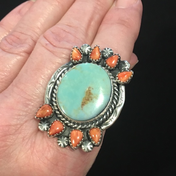 Native American Turquoise and Spiny Oyster Ring - Picture 4 of 4